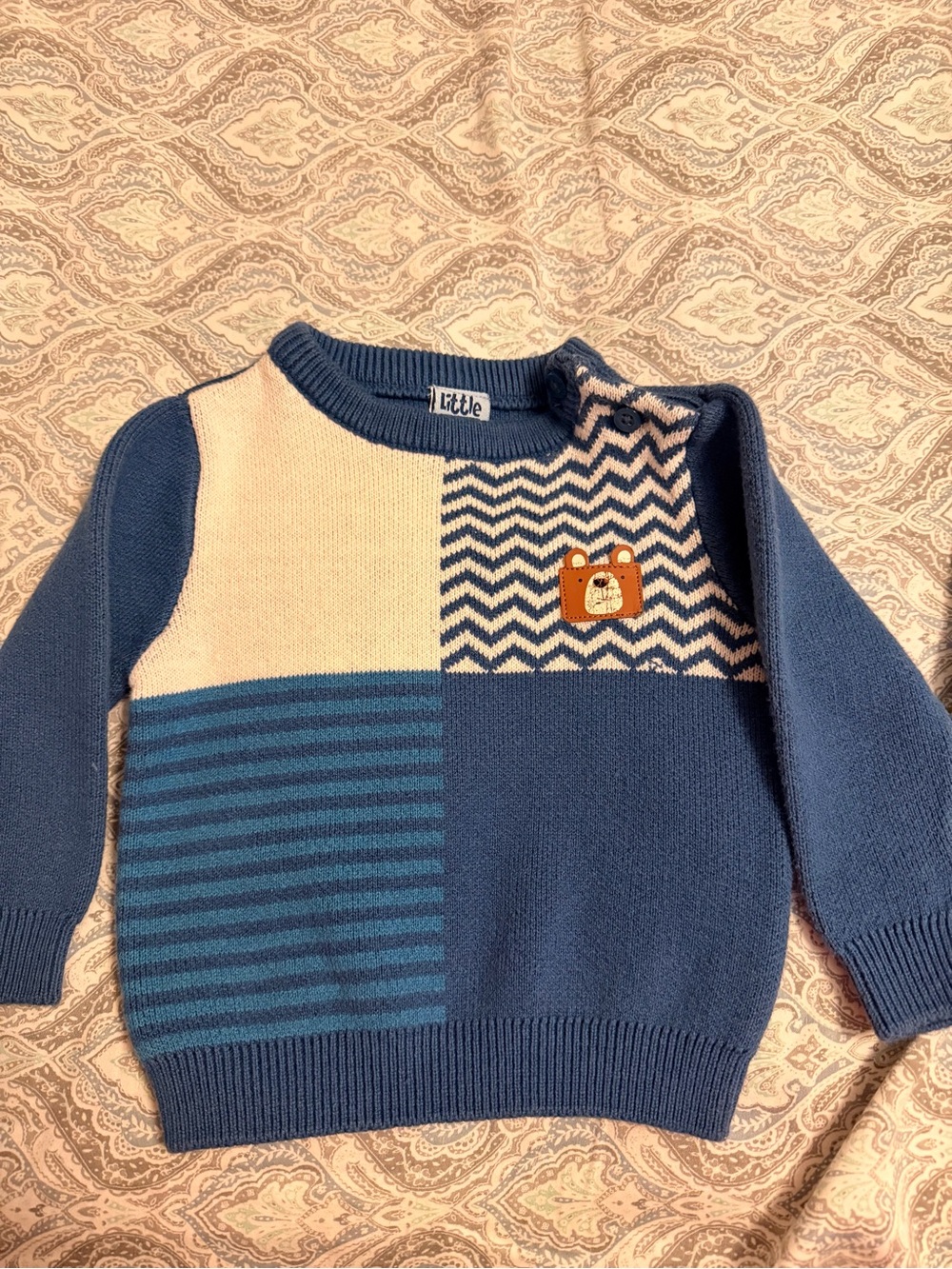 Little Me Blue & Cream Patchwork Bear Knit Sweater